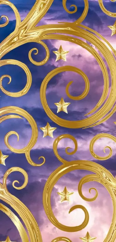 Wallpaper with golden swirls on a purple sky background, featuring star details.