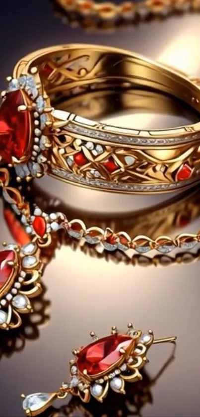 Luxurious gold jewelry with red gemstones
