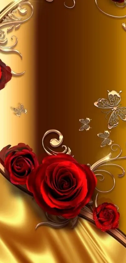 Luxurious gold wallpaper with red roses and butterflies.