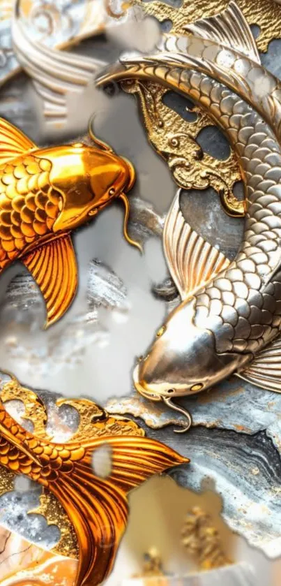 Gold and silver koi fish art wallpaper with elegant design.