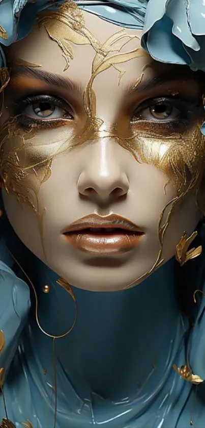 Elegant abstract face with gold accents on teal background.