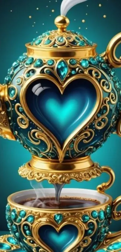 Luxurious gold and teal teapot with heart design.