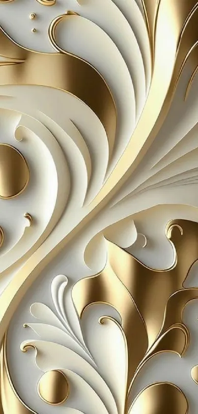 Elegant gold and white wallpaper with swirling abstract patterns.