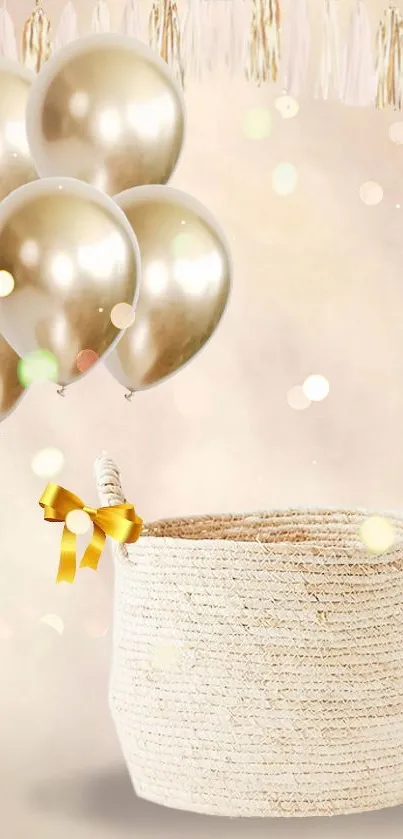 Elegant mobile wallpaper with gold balloons and a woven basket.