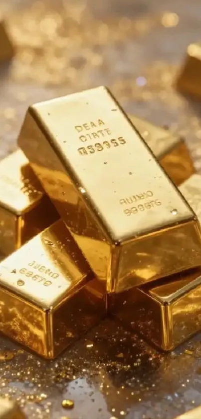 Stacks of gold bars with a shiny background.