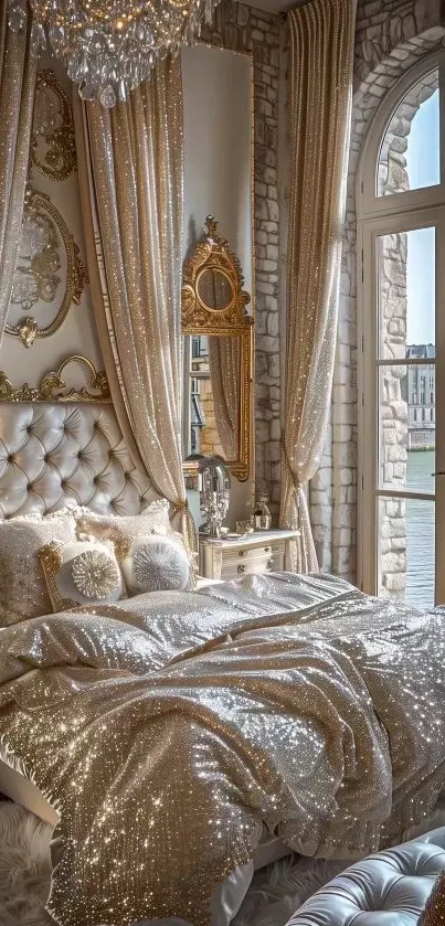 Luxurious gold bedroom with elegant decor and sparkling elements.