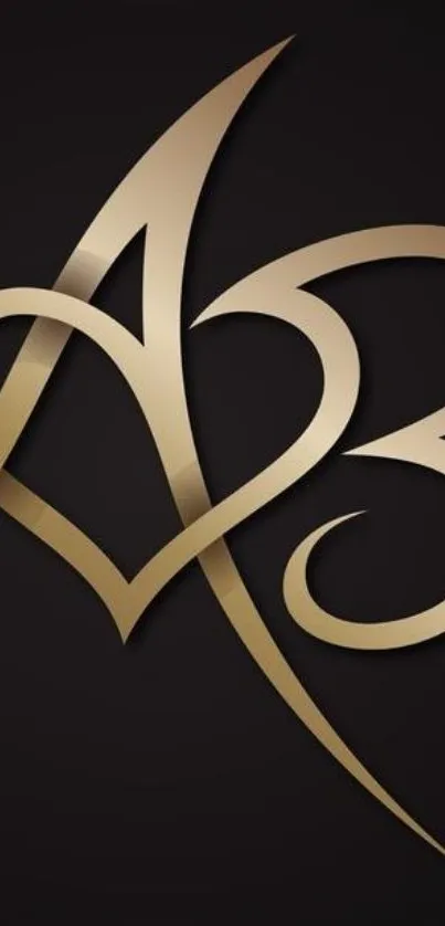 Gold heart design on black wallpaper for elegant phone display.