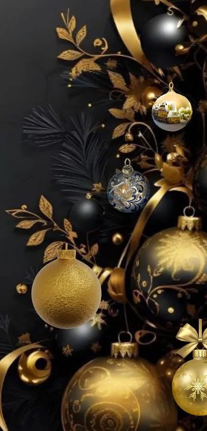 Elegant black and gold Christmas-themed mobile wallpaper.