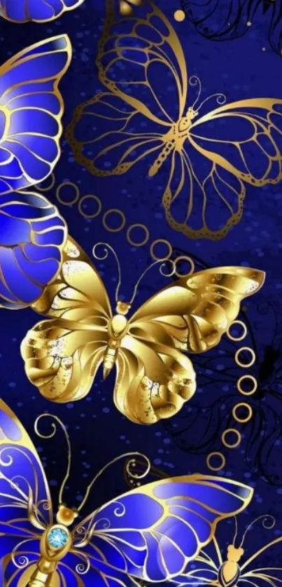 Luxurious gold and blue butterfly wallpaper design.