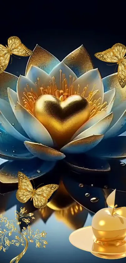 Blue lotus with gold heart and butterflies mobile wallpaper.