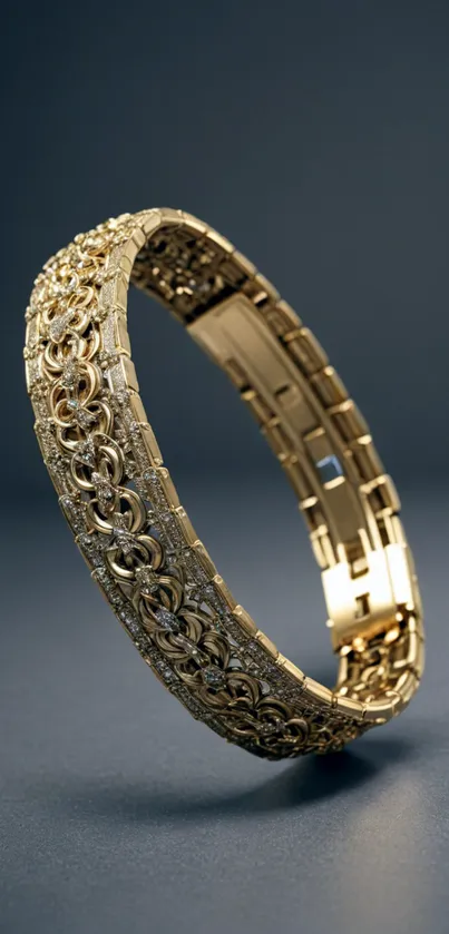 Elegant gold bracelet with intricate design on dark background.