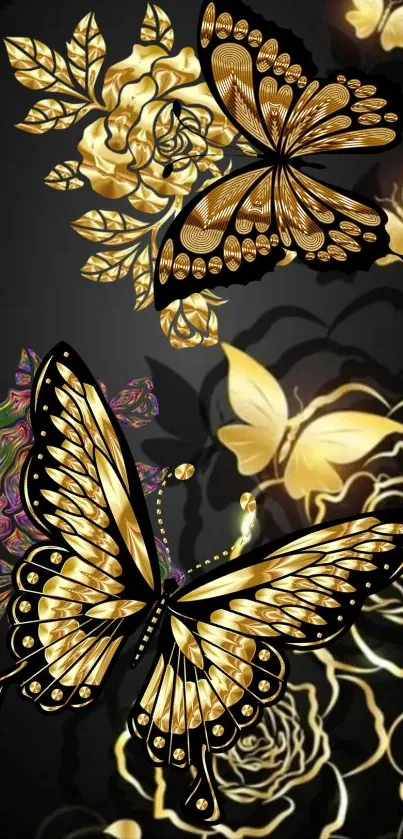 Elegant gold butterfly and floral wallpaper design.