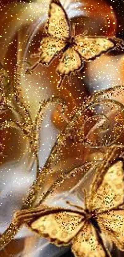 Elegant gold butterflies on swirl background.