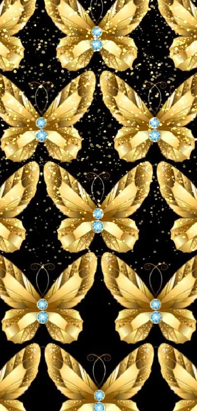 Gold butterflies on a black background, elegant mobile wallpaper.