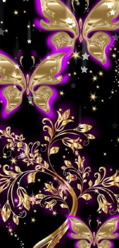 Golden butterflies with purple glow on dark background.