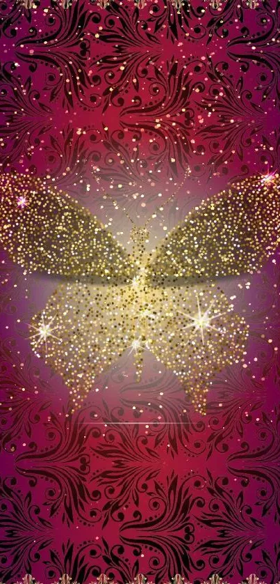 Golden butterfly on purple ornate background wallpaper.