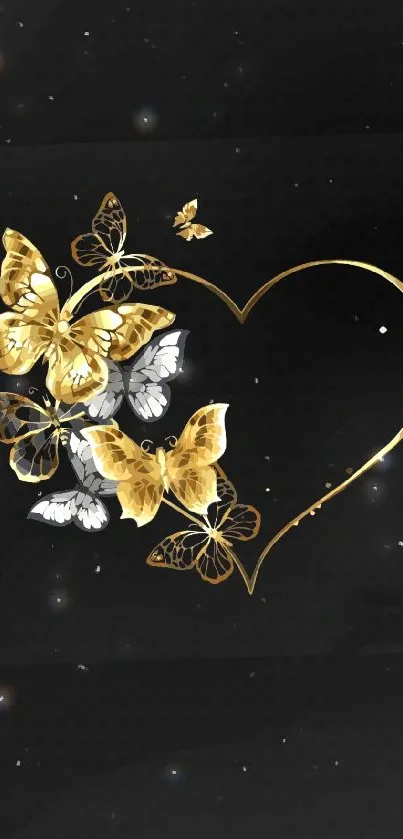 Elegant gold butterflies and heart on black background.