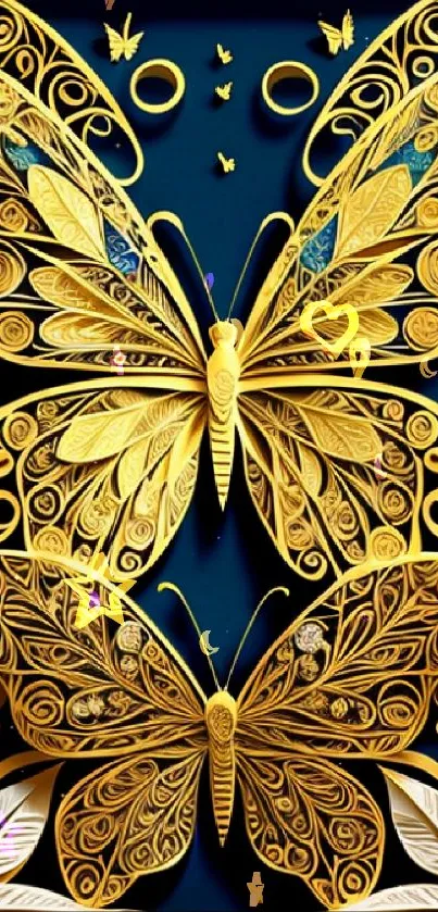 Intricate gold butterfly design on dark blue background.