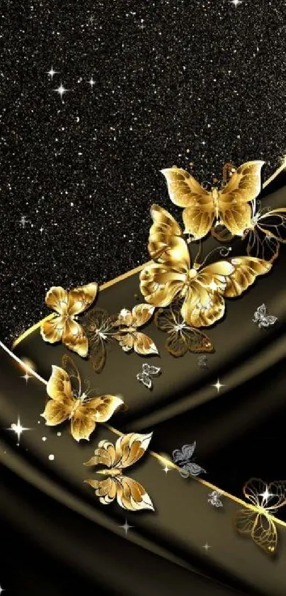 Gold butterflies on black wallpaper, elegant and luxurious.