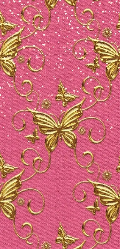 Gold butterflies on a vibrant pink background with elegant design.