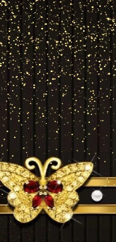 Elegant gold butterfly with jewels on black striped background.