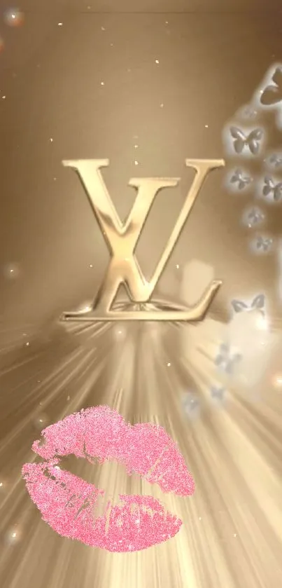 Golden wallpaper with butterflies and pink kiss on mobile screen.