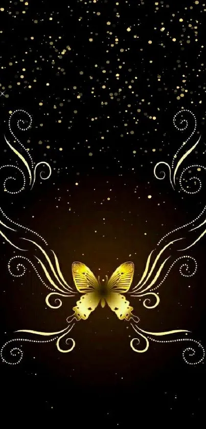 Elegant gold butterfly with swirls on a black background.