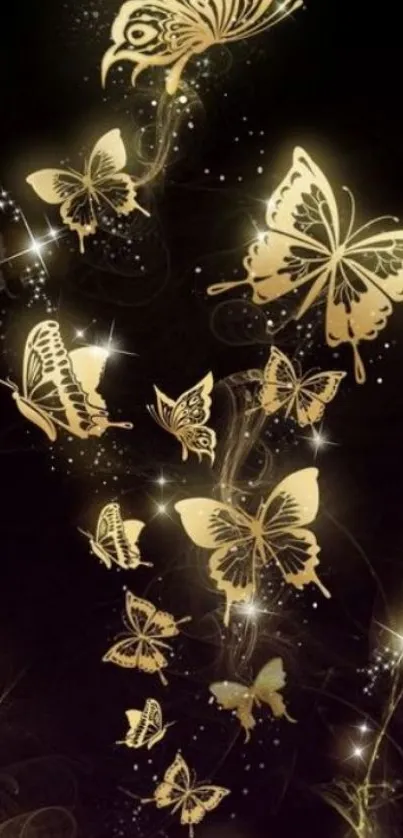 Elegant gold butterflies on a dark background in mobile wallpaper.