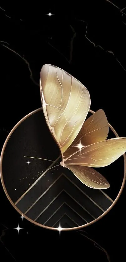 Elegant mobile wallpaper with gold butterfly on black background.