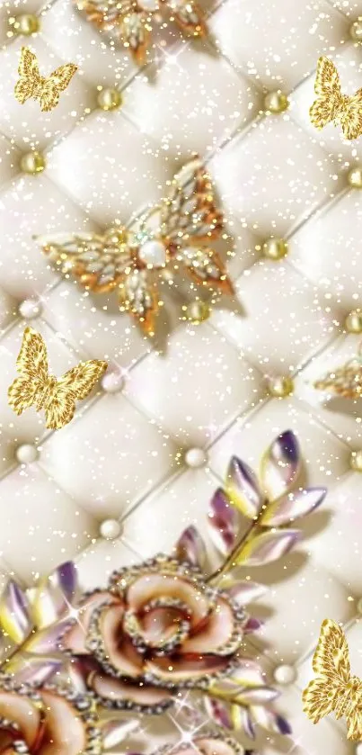 Elegant gold butterflies on luxurious pearl cushioned background with floral accents.