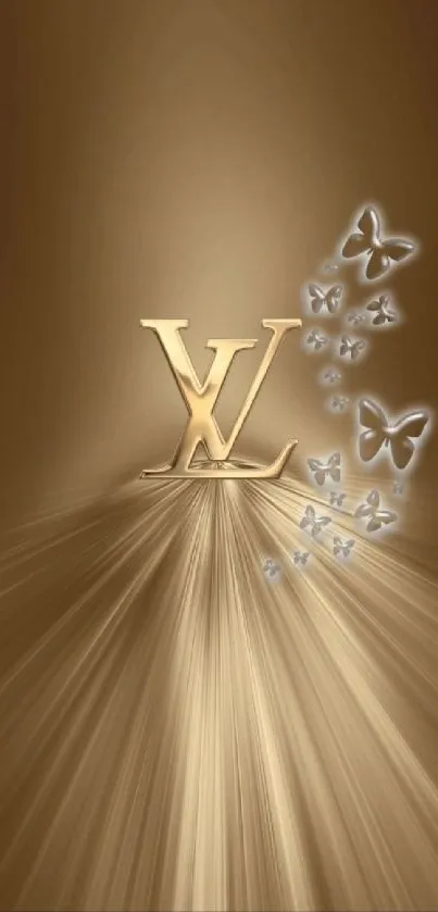 Elegant wallpaper with gold emblem and butterfly design on a gold background.