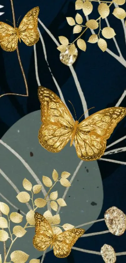 Elegant gold butterflies on dark blue background with botanical design.