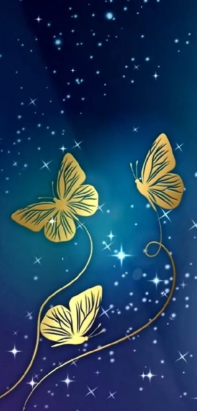 Gold butterflies on a dark blue starry background.