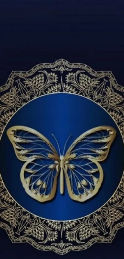 Elegant gold butterfly on dark blue patterned wallpaper.