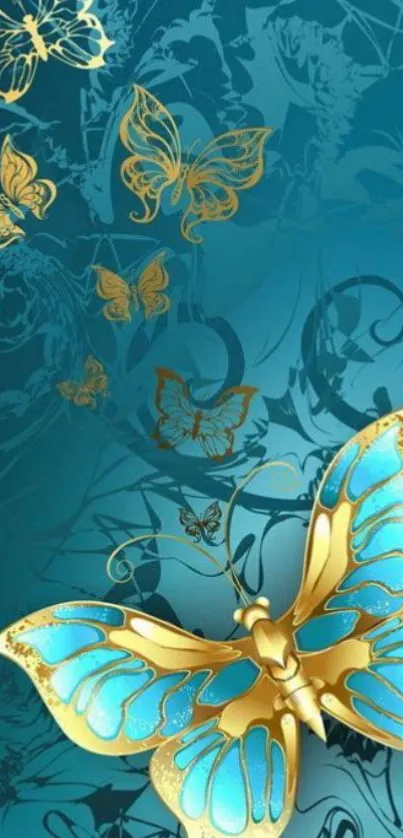 Golden butterflies on a teal background wallpaper.