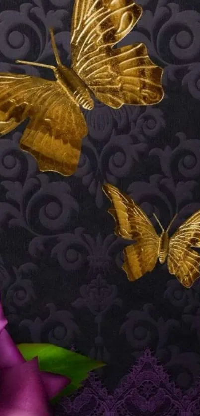 Wallpaper with gold butterflies and purple rose on dark background.