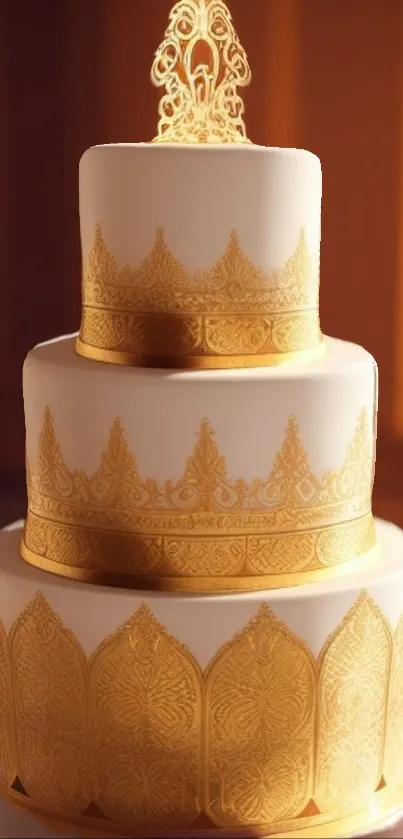 Elegant three-tier gold and white cake wallpaper with intricate designs.