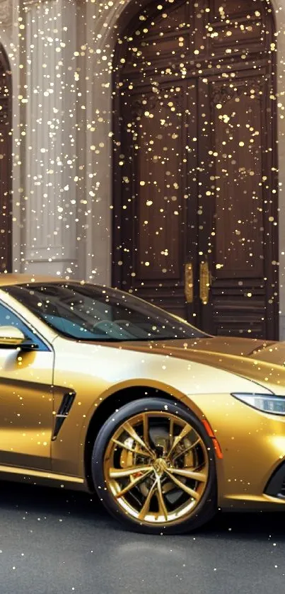 Elegant gold luxury car in front of classic architecture.