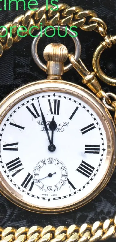 Gold pocket watch on black damask background with motivational text.