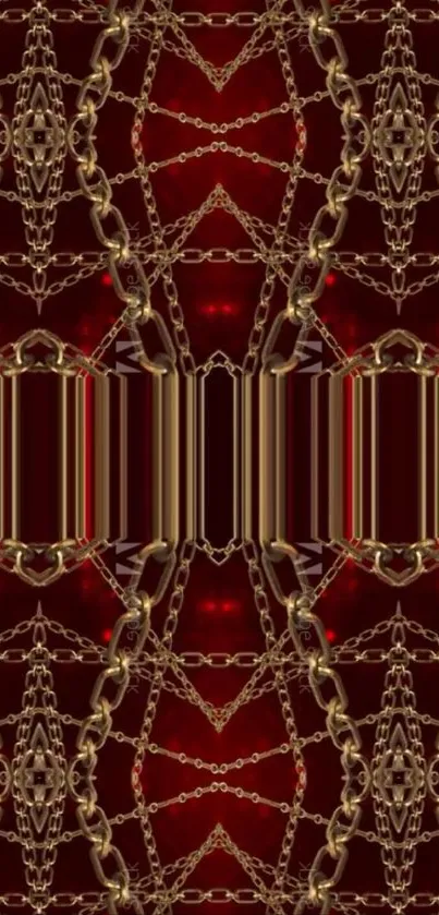 Intricate gold chain pattern on dark red background wallpaper.