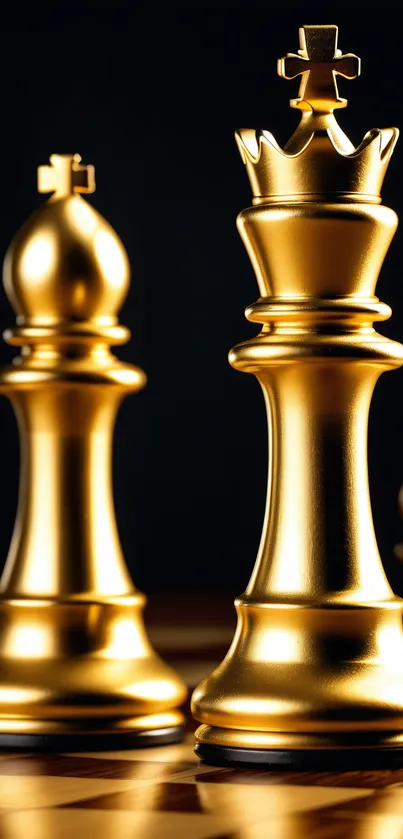 Gold chess pieces wallpaper with dark background, perfect for mobile screens.