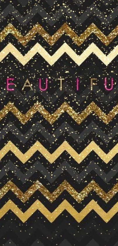 Elegant wallpaper with gold and black chevron design and 'Beautiful' text.