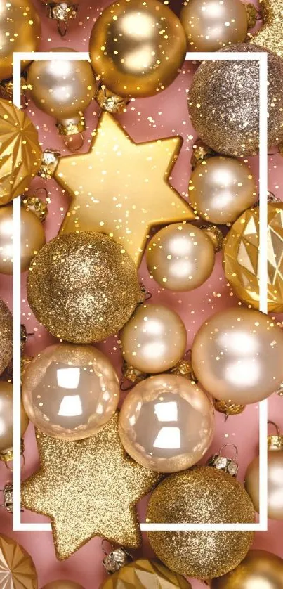 Gold Christmas baubles and stars mobile wallpaper.