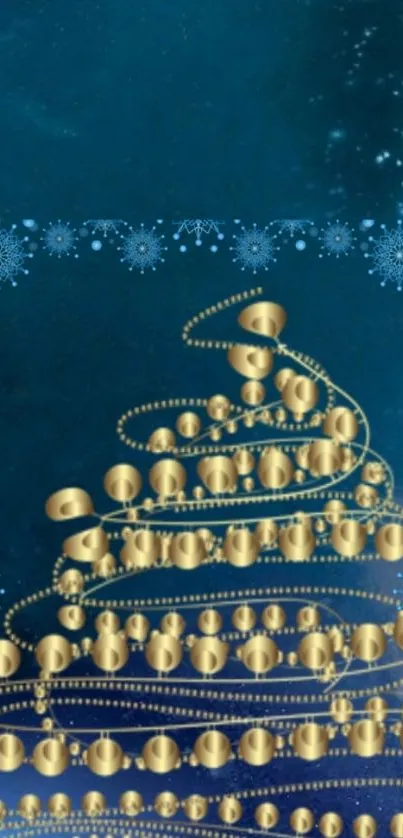 Elegant gold Christmas tree on blue with snowflakes.