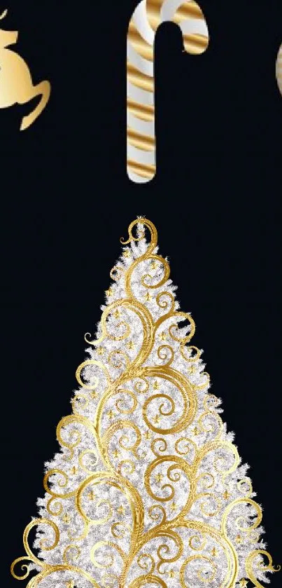 Elegant gold Christmas tree wallpaper with festive ornaments.