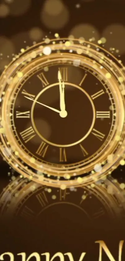 Elegant gold clock mobile wallpaper with a festive New Year theme.