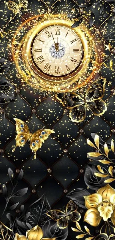 Luxurious black and gold clock with butterflies and floral accents.