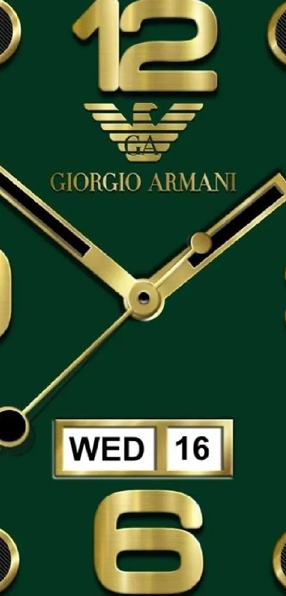 Luxury Armani watch face with gold details on a green background.