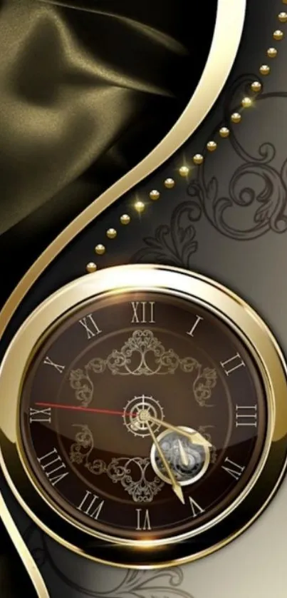 Elegant gold clock with black background.