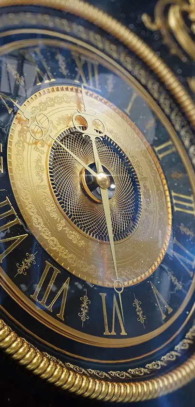 Luxurious gold clock with Roman numerals and intricate ornate details.